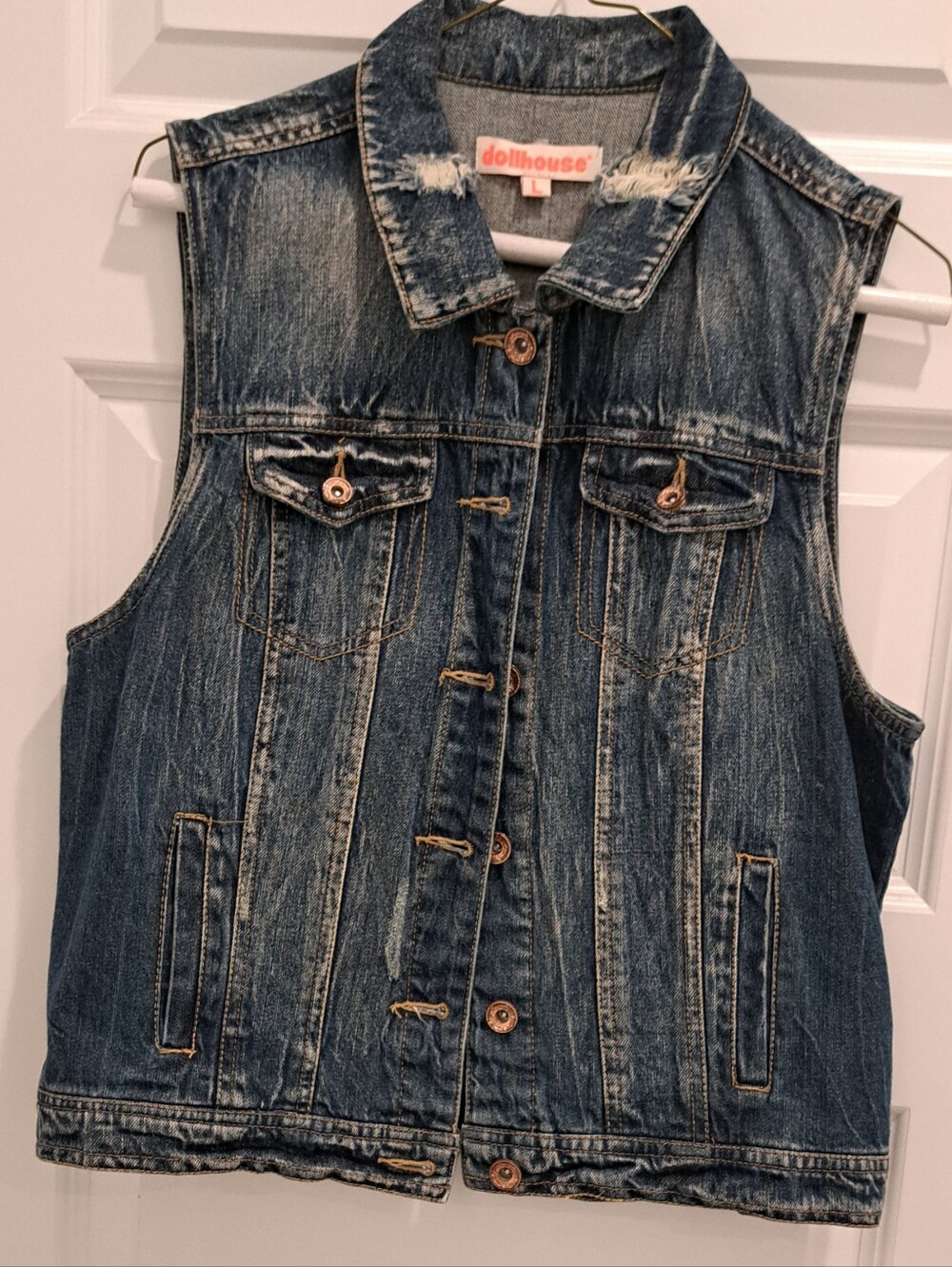 Womens Denim Vest - Blue Washed Jean Jacket with Copper Buttons